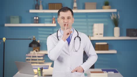 Male-Doctor-looks-at-the-camera-after-looking-around-and-makes-a-hush-sign.